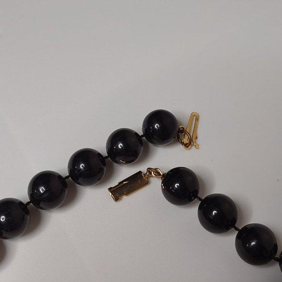 Black Plastic Bead Necklace With Large Metal Blue Pendant 25 Inches Long - Picture 6 of 12